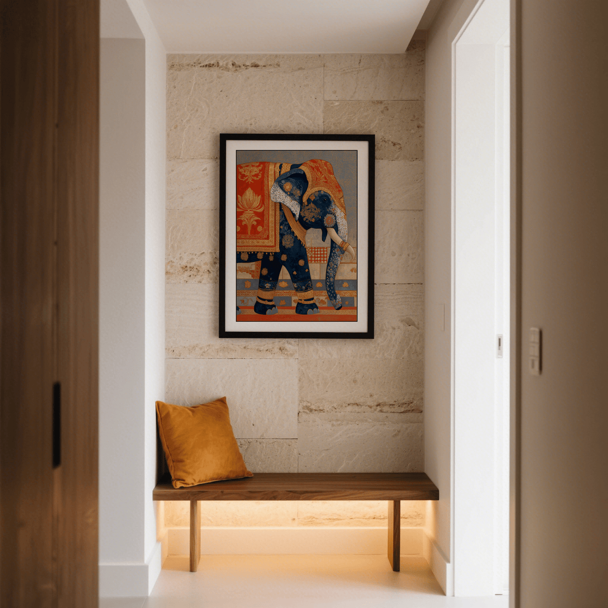 Illustrated elephant poster print with layered motifs and geometric panels