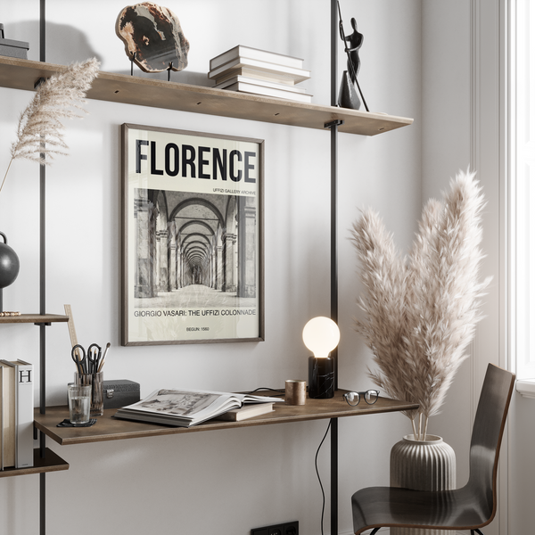 Perspective view wall art print of repeating arches and columns in a long corridor