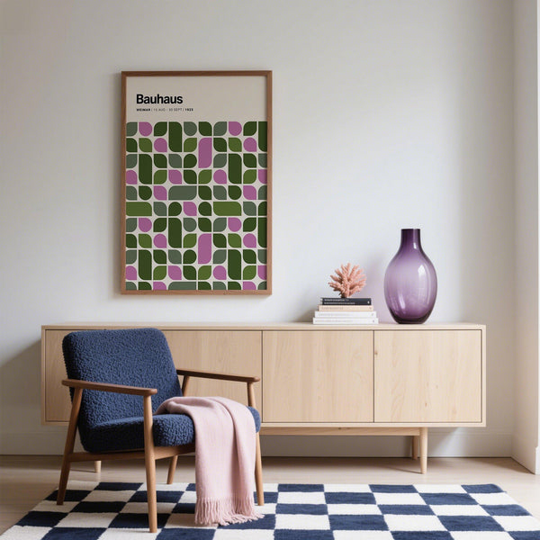 Olive green and mauve art print reflecting Bauhaus Exhibition 1923 style.