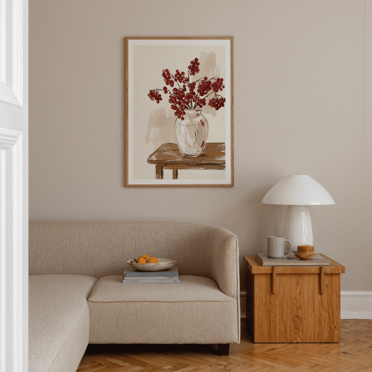 Airy kitchen decor print featuring berry branches and light tones