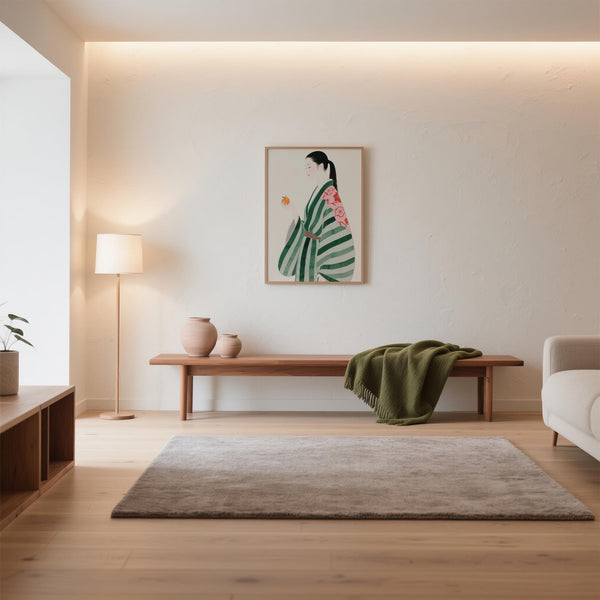 Unique wall art for living room featuring a poised woman with an orange fruit.