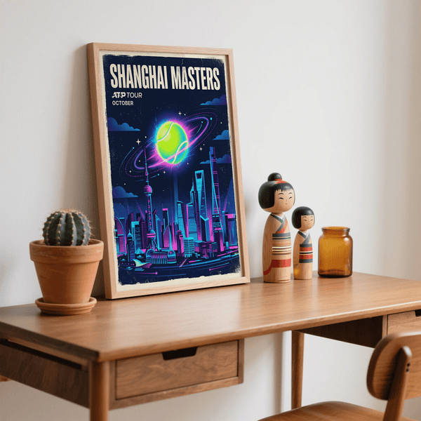 Sci-fi tennis poster print with starry sky, orbit trails, and illuminated city skyline