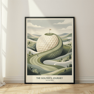 Golfing Landscape Poster with oversized dimpled ball topped by 18th hole flag