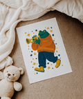 Frog Playing Trumpet Art in bright hues, perfect for hallway art print