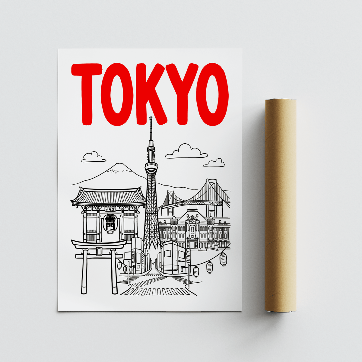 Monochrome outline illustration of Tokyo landmarks on white background