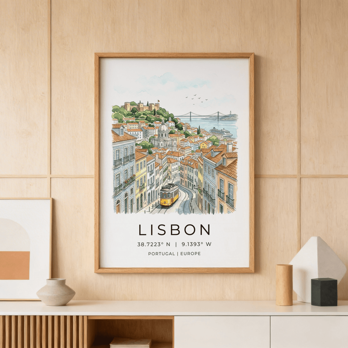 Lisbon City Art Print with hillside fortress and river bridge
