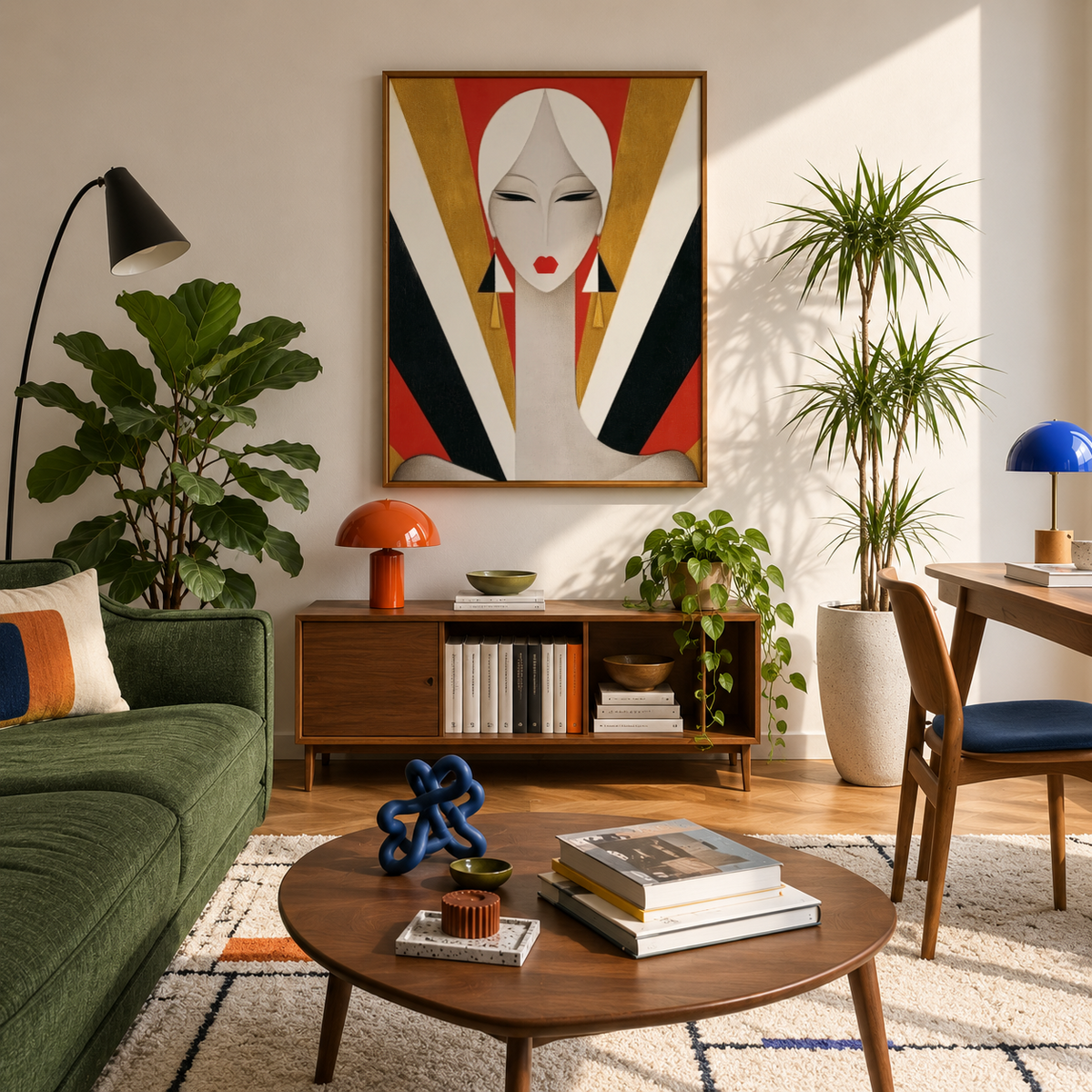 Room scene showing portrait wall art print above furniture with bold graphic shapes