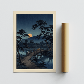 Vertical night scene poster featuring curved bridge and calm reflections