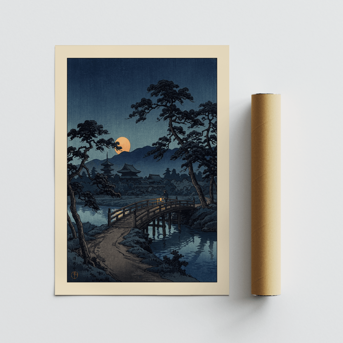 Vertical night scene poster featuring curved bridge and calm reflections
