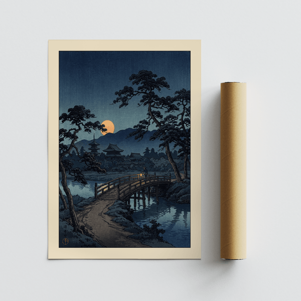Vertical night scene poster featuring curved bridge and calm reflections