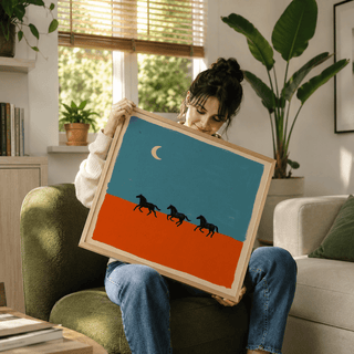 Blue and Orange field poster print with black horse silhouettes and a small crescent moon