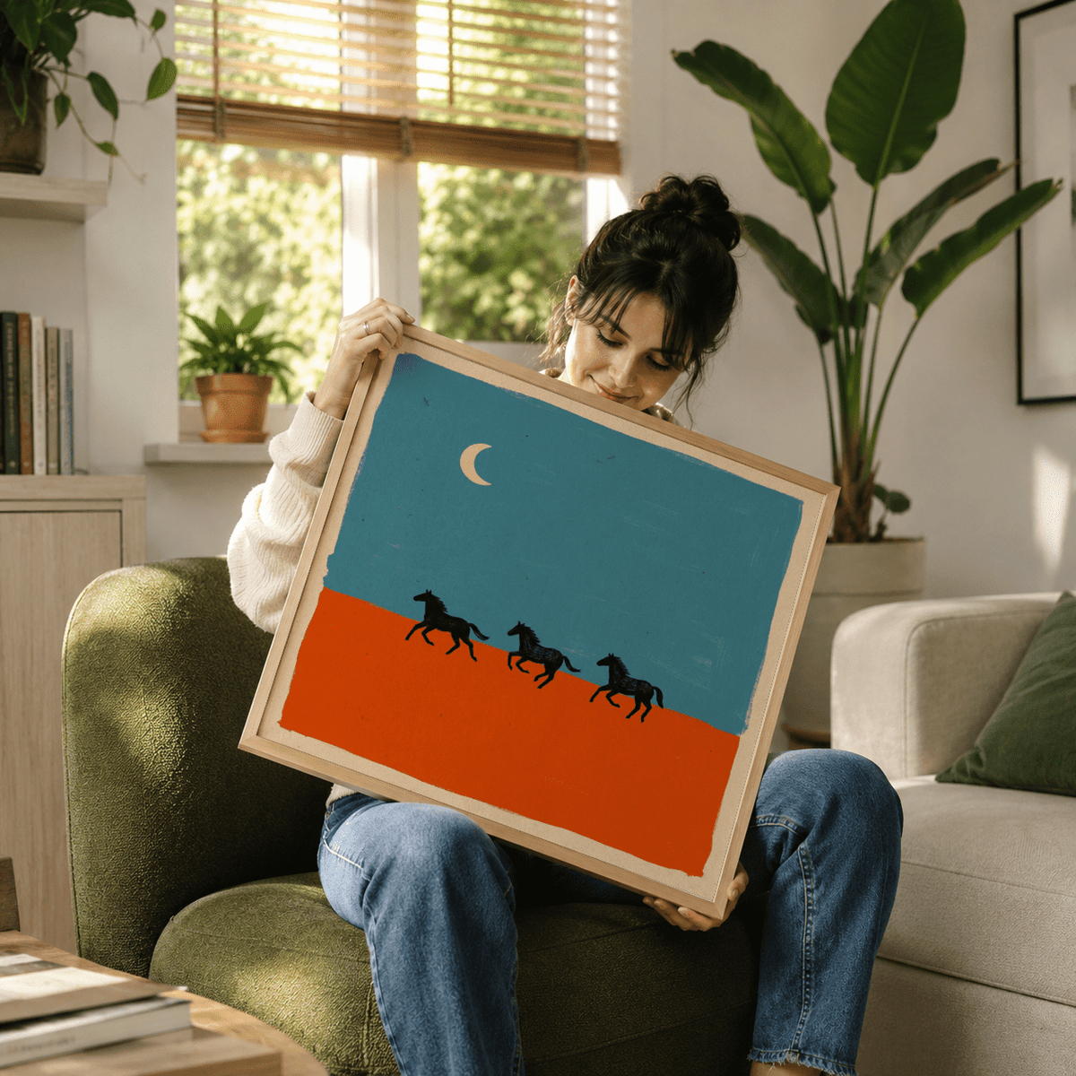 Blue and Orange field poster print with black horse silhouettes and a small crescent moon