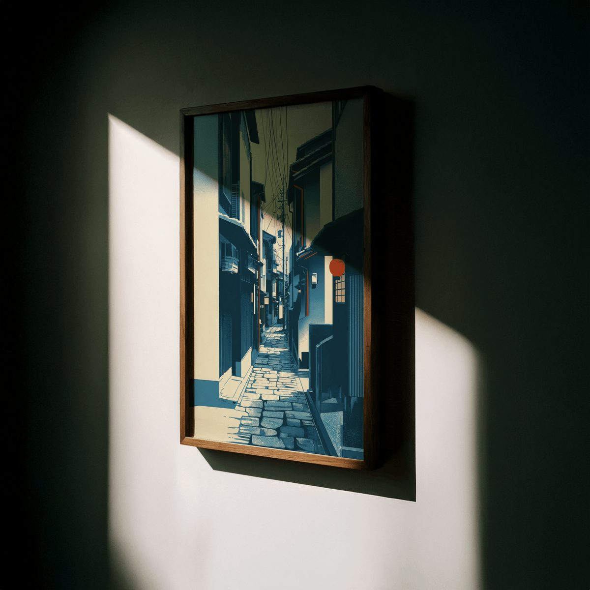 Detail crop of street-scene wall art print showing windows, eaves, and linear perspective