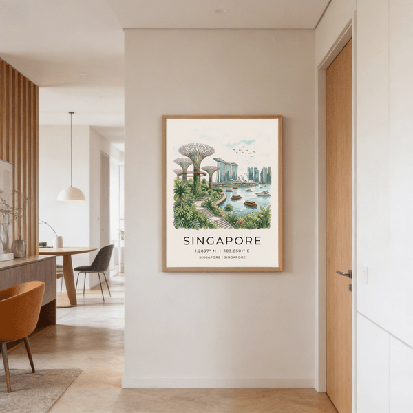 Typography section of Singapore poster print with large SINGAPORE title and latitude longitude coordinates