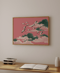 Contemporary Pink Crane Wall Art with Green features for dining area