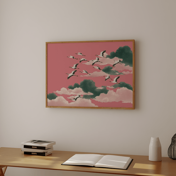 Contemporary Pink Crane Wall Art with Green features for dining area