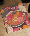 Playful Ramen Cat Print in Pink and Orange for bedroom decor