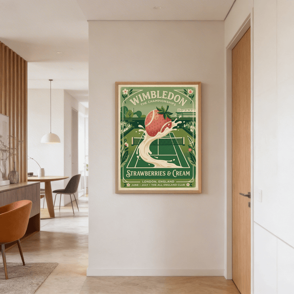 Illustrated tennis scene wall art print with large strawberry motif and cream swirl