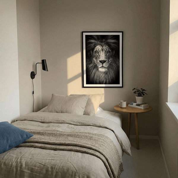 Black and White Lion Print photograph highlighting textured fur and deep shadow contrast