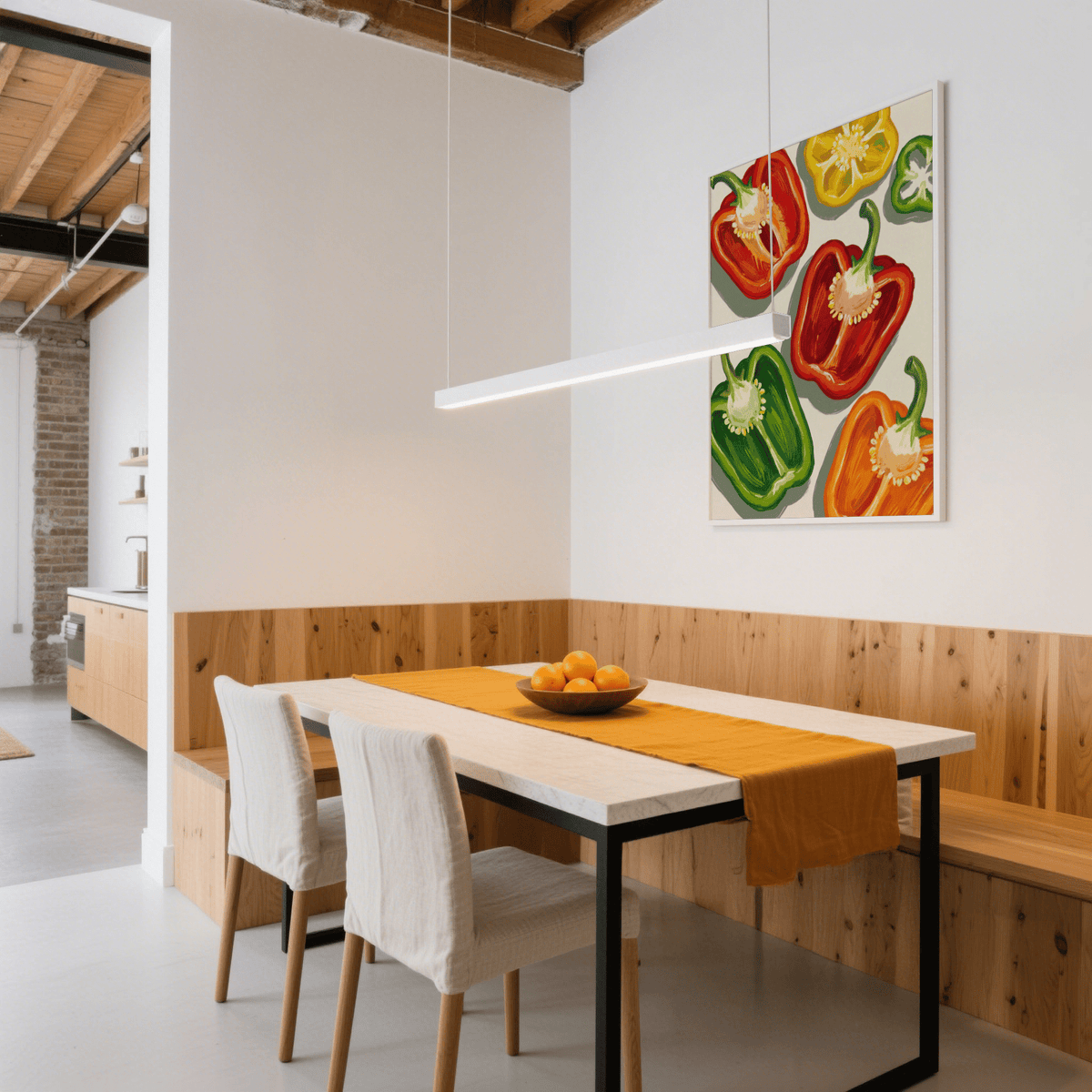 Colorful Bell Pepper Print wall art in multicolored sunlit kitchen