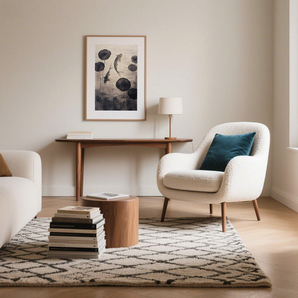 Tranquil koi pond in Japanese Ink Art with lotus leaves in grayscale.