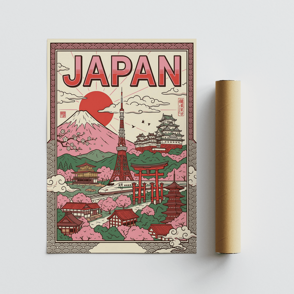 Japan Wall Art featuring a serene landscape in Pink hues for modern homes