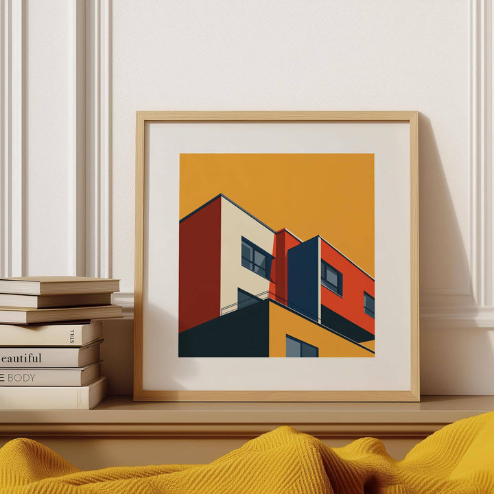 Framed Bauhaus Architecture print of an abstract building in orange and red tones on a shelf beside stacked books