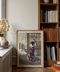 Woodblock-style veranda art in Purple and Blue featuring a seated geisha