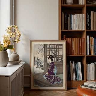 Woodblock-style veranda art in Purple and Blue featuring a seated geisha
