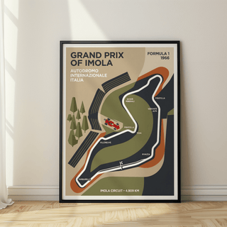 Showing a simplified race track diagram, this Imola Grand Prix Poster includes corner names and a small car graphic