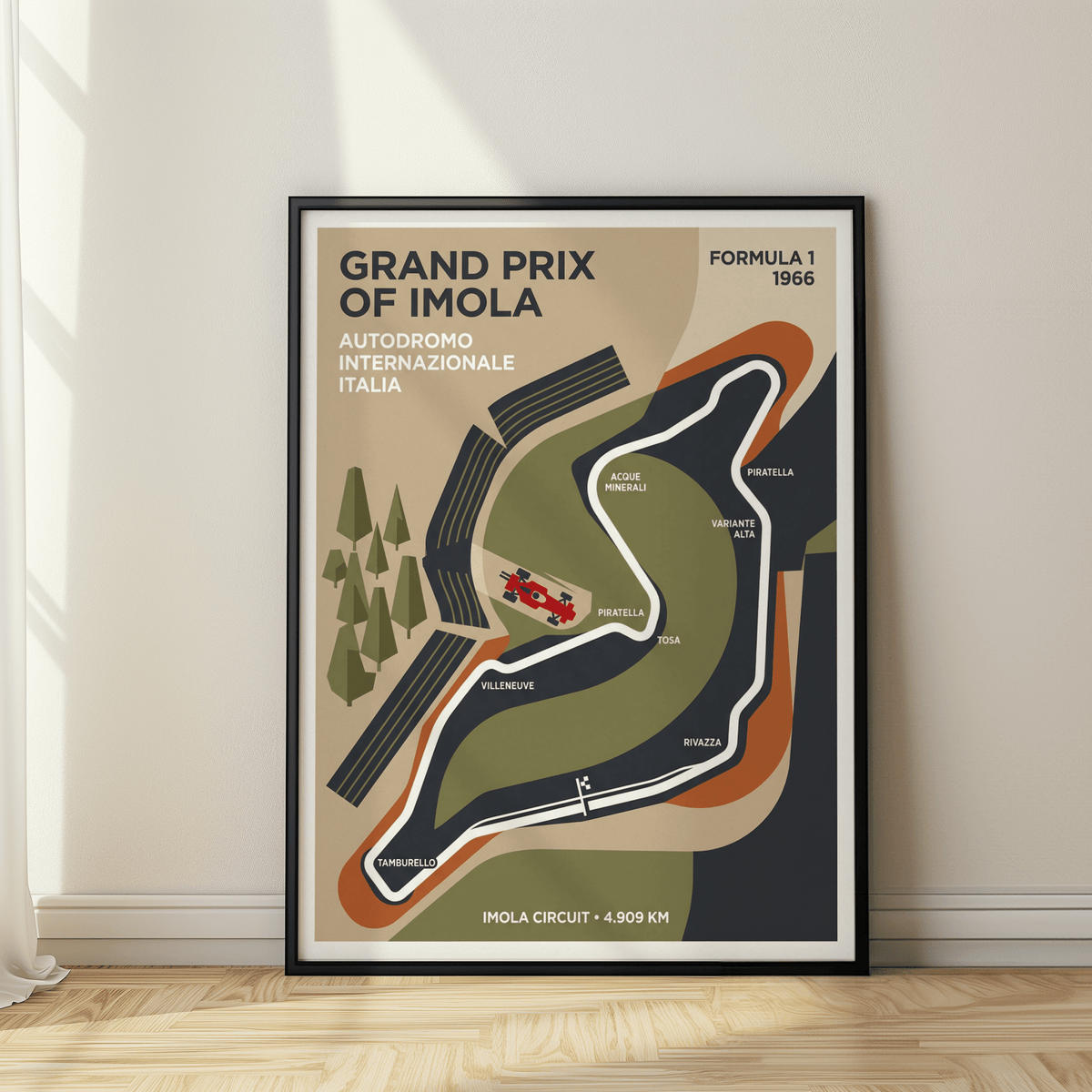 Showing a simplified race track diagram, this Imola Grand Prix Poster includes corner names and a small car graphic