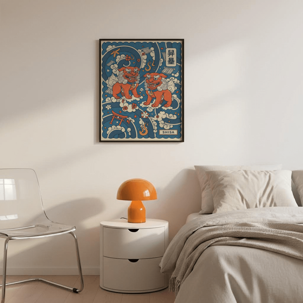 Illustrated wall poster of two Okinawan shisa guardians framed by clouds