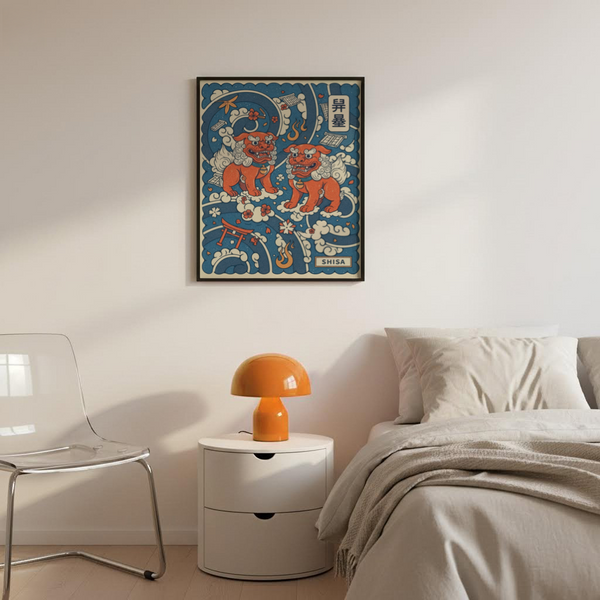 Illustrated wall poster of two Okinawan shisa guardians framed by clouds