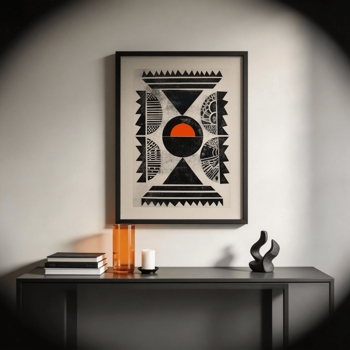 Textured block-print style wall art print with patterned half-ovals and stripes