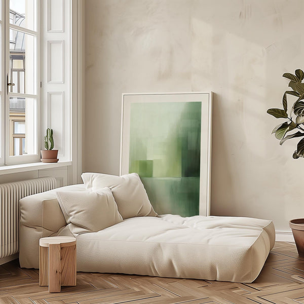 Minimalist green abstract wall art with soft geometric blocks and gradients.