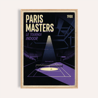 Vintage-style tennis poster wall art with PARIS MASTERS text and spotlighted indoor court