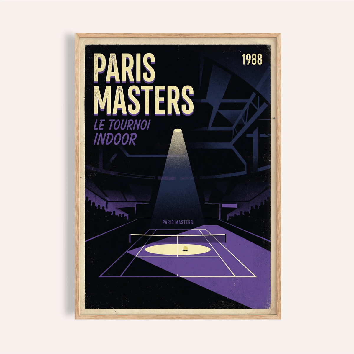 Vintage-style tennis poster wall art with PARIS MASTERS text and spotlighted indoor court