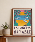 Gallery wall anchored by Surfer Beach Art Print with tropical theme