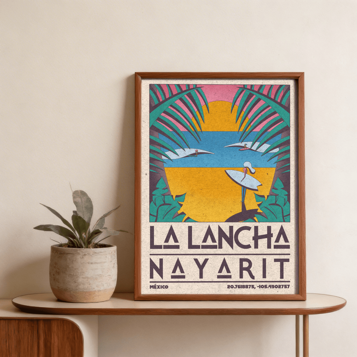 Gallery wall anchored by Surfer Beach Art Print with tropical theme
