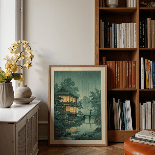 Evening river scene wall art with lit windows, stone bridge, and vertical rainfall