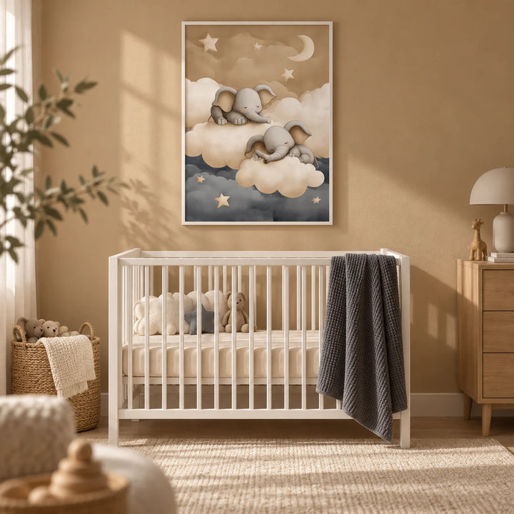 Baby Elephants Nursery Art, framed on the wall of a calm neutral nursery with a warm tan painted wall