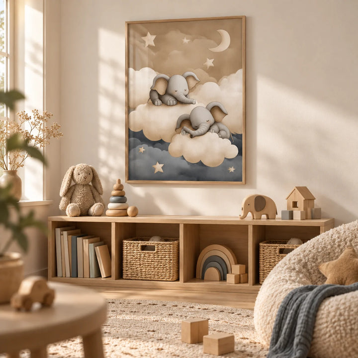 Baby Elephants Nursery Art, framed on the wall of a calm playroom with a warm white wall