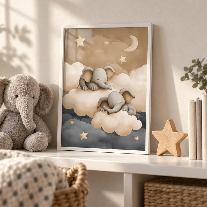 Baby Elephants Nursery Art, a small A4 framed print leaning on a white nursery shelf