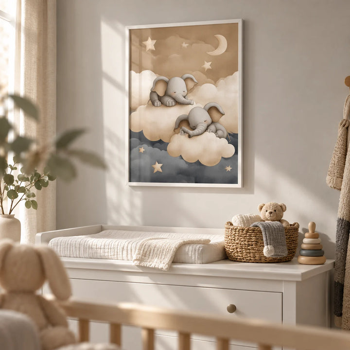 Baby Elephants Nursery Art, framed on the wall of a tidy nursery with a pale grey wall