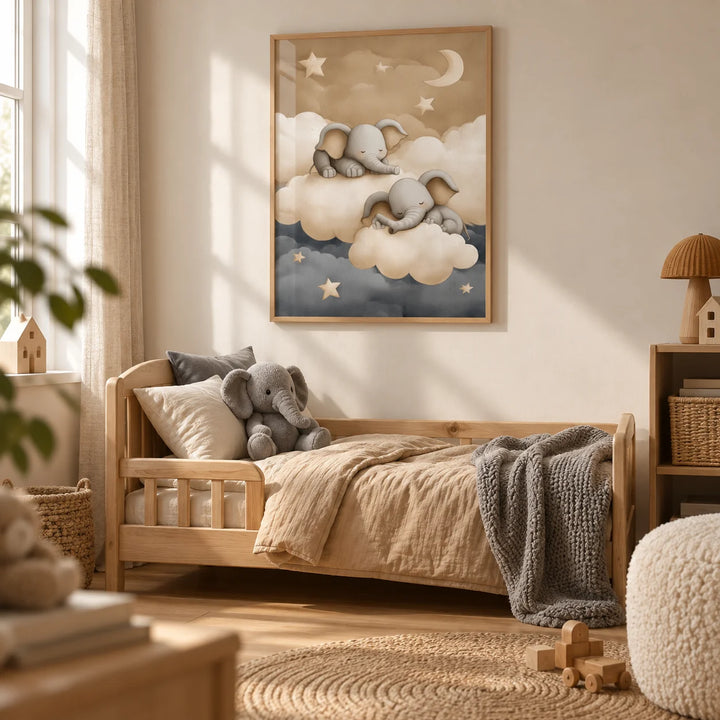 Baby Elephants Nursery Art, framed on the wall of a toddler's room with a soft cream wall in a bedroom