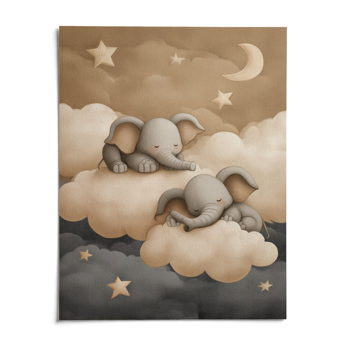 Baby Elephants Nursery Art, shown as an unframed paper print on a plain white background