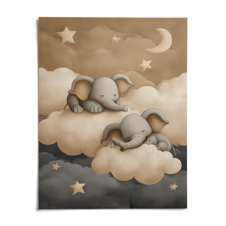 Baby Elephants Nursery Art, shown as an unframed paper print on a plain white background