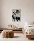 Minimalist Black and White Crane Print with Black and White tones for bedroom decor