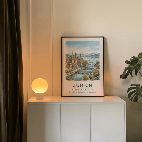 Flat-lay of Zurich travel illustration beside sketching pens and clips