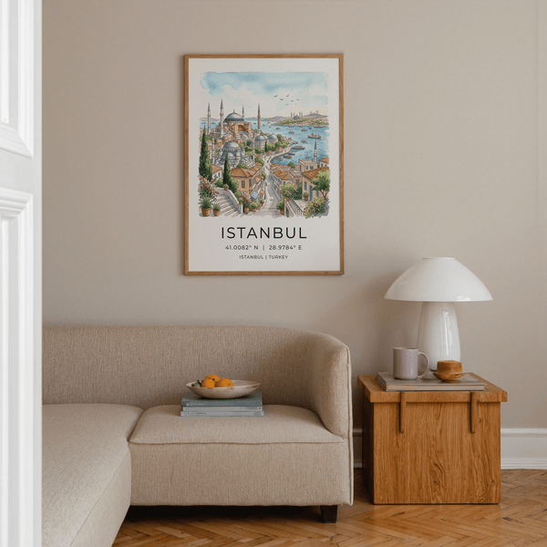 Scenic Istanbul waterfront poster print featuring domed mosques and a winding stairway